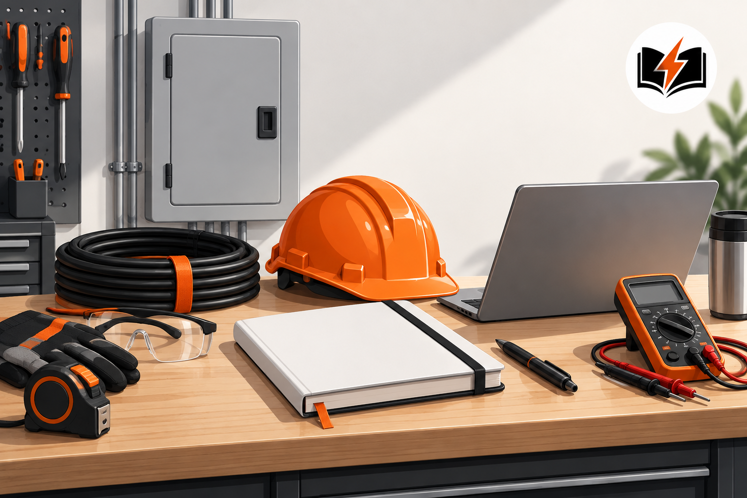 Illustrated electrician's workbench with study book, tools, and safety gear