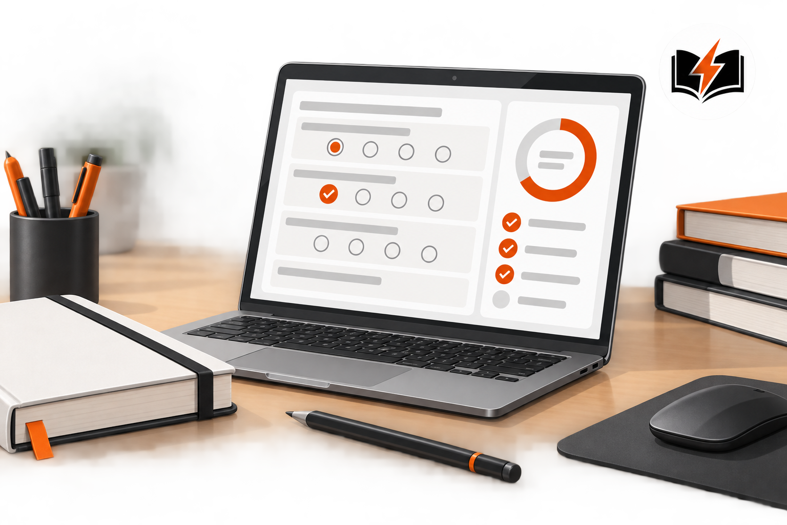 Illustrated laptop with practice exam